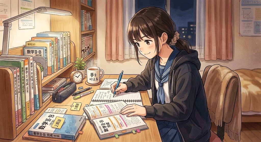 参考書2周目の勉強に取り組む高校生のイラスト