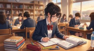 放課後の自習室で勉強に集中する高校生のイラスト