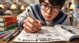 10月に併願校や滑り止めの赤本を開いて戦略を練る受験生のイラスト