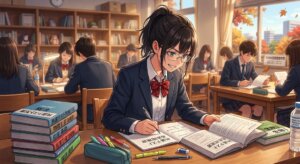 10月の自習室で元気に勉強する受験生のイラスト