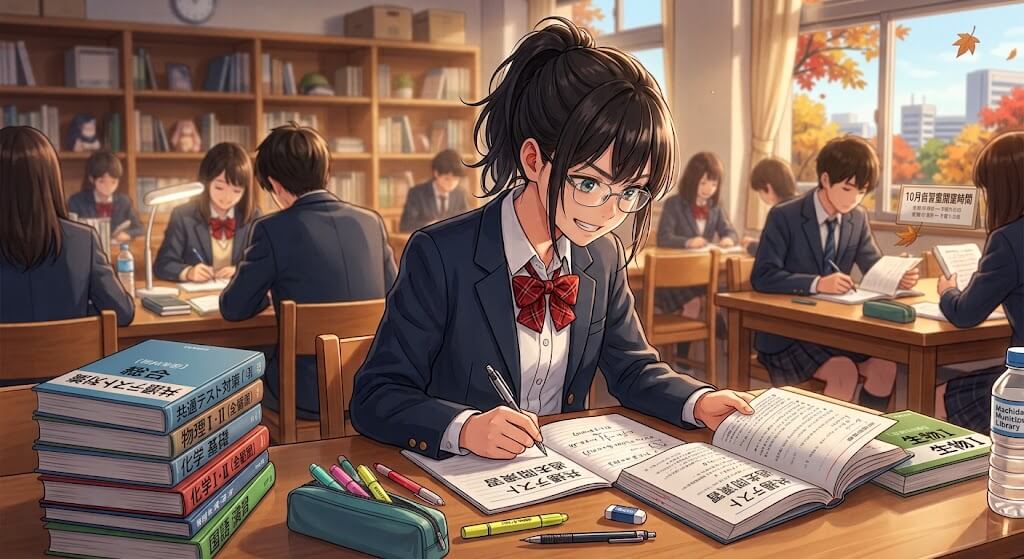 10月の自習室で元気に勉強する受験生のイラスト